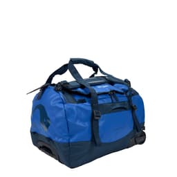A blue and navy duffel bag with wheels and multiple carrying handles. It features a logo.