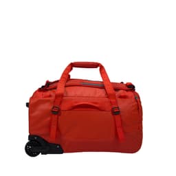 A red rolling duffel bag with wheels and dual handles, featuring a zippered pocket and a sturdy design.