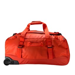 A wheeled duffle bag in bright red, featuring multiple handles and a branded logo on the side.