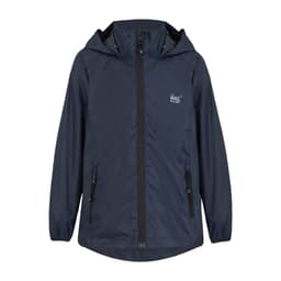 A navy packable jacket with a hood, featuring zippered pockets and a logo on the chest.