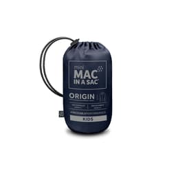A navy blue packable jacket for kids, compactly stored in a drawstring pouch, featuring a logo.