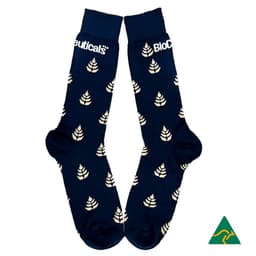 Navy blue socks with a leaf pattern and a logo, featuring a design that highlights bamboo.