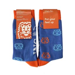 Combed cotton dress and business socks in blue and orange, featuring a lion design and a logo.