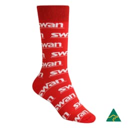 A red combed cotton sock featuring a repeating white logo design, with a logo at the ankle.