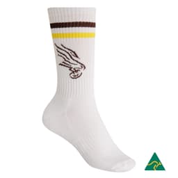 A white sport crew sock with a logo, featuring a ribbed design and a cushioned sole.