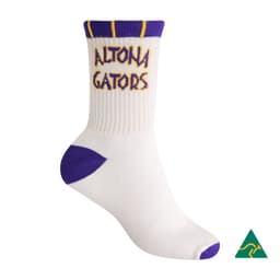 Combed cotton sports crew sock in white with purple accents and a logo. Ideal for sports uniforms.