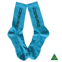 A pair of bright blue sports crew socks with a logo printed on them.