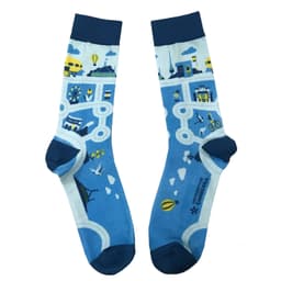 A pair of blue 3D printed dress socks featuring various colourful patterns and illustrations.