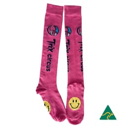 Knee high sports socks in pink featuring metallic silver stars and a logo along the side.