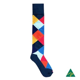 A vibrant cotton knee-high sock featuring a multicoloured diamond pattern on a navy background, with a logo at the bottom.