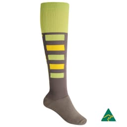 A compression football sock featuring green, yellow, and brown colours with a logo on the side.