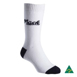 A white cotton full terry work sock with navy accents and branding.