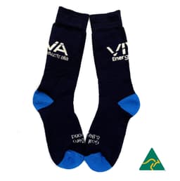 A pair of navy blue work socks featuring blue accents and a logo, made from bamboo full terry material.