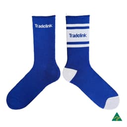 A pair of blue heavy-duty boot socks featuring white accents and a branding logo.