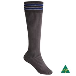 Knee-high grey school socks with blue and white striped band at the top, featuring a logo on the bottom.