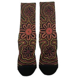 Full sublimation socks featuring a black background adorned with intricate floral patterns in red, yellow, and orange.