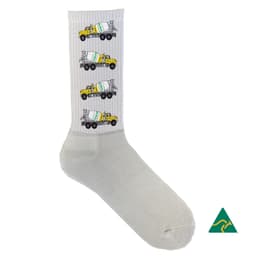 A full leg sublimation sock in white featuring yellow trucks in a repeat pattern, with a logo on the side.