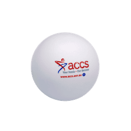 A round stress ball in white featuring a logo in red and blue.