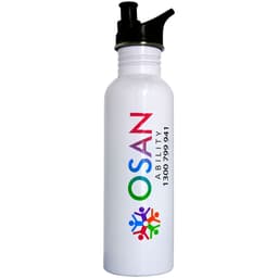 A drink bottle in white with a black spout and features a logo in various colours.