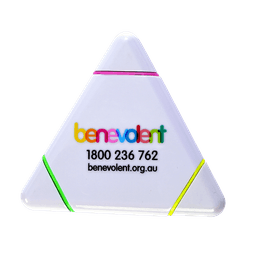 A triangular white highlighter featuring pink, yellow, and green sections with a logo and contact details.