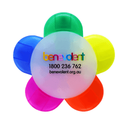 A vibrant flower-shaped highlighter with six different coloured sections: blue, pink, orange, yellow, and green.