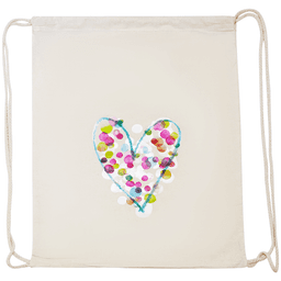 A calico backsack in cream with a colourful heart design and string drawcords. Features a logo.
