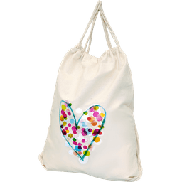 A cream-coloured backsack with a colourful heart design and a drawstring closure. It features a logo on the side.