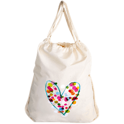 A cream-coloured backsack with a heart design made of colourful dots and a drawstring closure.