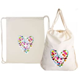 A cream drawstring backsack features a heart design filled with colourful dots. It has a logo on one side.