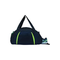 A black sports bag with green accents and a side compartment containing a shoe. It has a logo on the front.