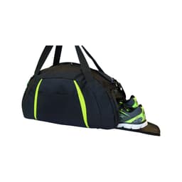 A black sports bag with green accents, featuring a shoe compartment and sturdy handles. It has a logo on the side.