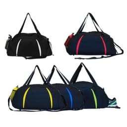 A collection of Club Sports Bags in black, featuring accents in red, yellow, blue, and green. Each has a logo.