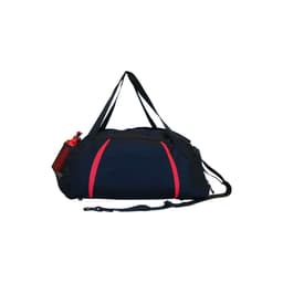 A black sports bag with red accents, featuring a drink bottle holder and adjustable shoulder strap.