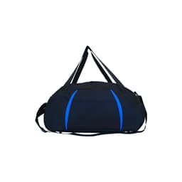 A black sports bag with blue accents, featuring dual carry straps and a shoulder strap. It has a logo on the surface.