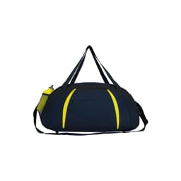 A black sports bag with yellow accents and a side drink bottle holder, featuring long straps and a logo.
