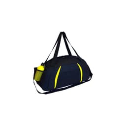 A black sports bag with yellow accents and a side pocket that holds a drink bottle. It features sturdy straps for carrying.