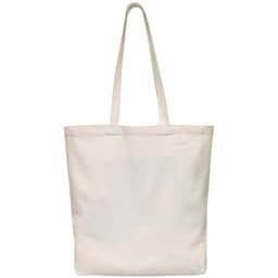 A plain cream canvas bag with long handles and a gusset for extra capacity. It features a branding logo.