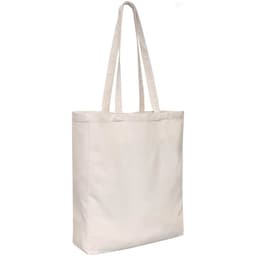 A light beige canvas bag with gusset and long handles, featuring a plain design and a logo.
