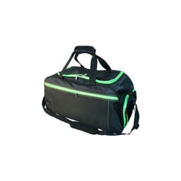 A black sport bag with green zippers, featuring a shoulder strap and two handles. It has one large compartment and pockets.