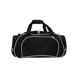 A black sports bag with white accents, featuring two handles and a zippered closure. It has a logo on the side.