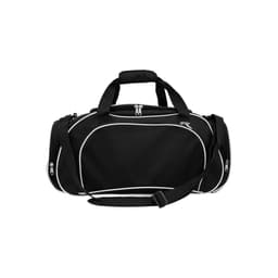 A black deluxe sports bag with white accents, featuring dual handles and a detachable strap, with a logo present.