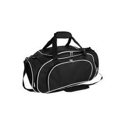 A black sports bag with white detailing, featuring two handles and a shoulder strap. It has a logo on it.