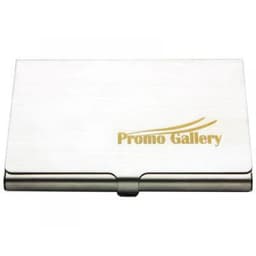 A stainless steel card holder featuring a sleek, brushed finish and a logo on the front.
