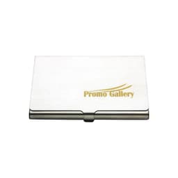 A stainless steel card holder with a sleek silver finish and a logo on the front.