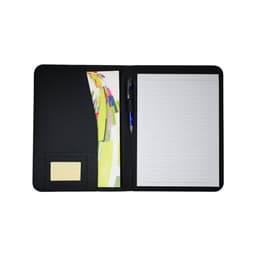 A4 compendium with a black exterior, featuring a notepad, a pen, and internal pockets for documents.