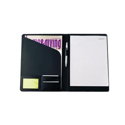 A black compendium featuring a notepad, pen, pockets for cards, and space for a magazine.