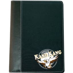 A black A4 compendium featuring a logo on the front. It has a smooth finish with stitched detailing.