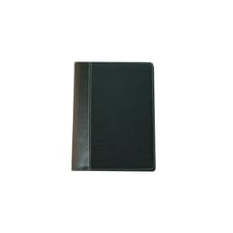 A black A4 compendium with a textured finish and white stitching along the side. It has a logo on the cover.