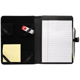 A5 compendium featuring a black cover, notepad, pen, sticky notes, and a USB drive holder.