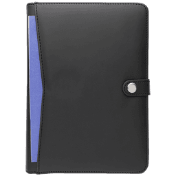 A5 compendium in black with a blue accent, featuring a button closure and a pocket on the front.